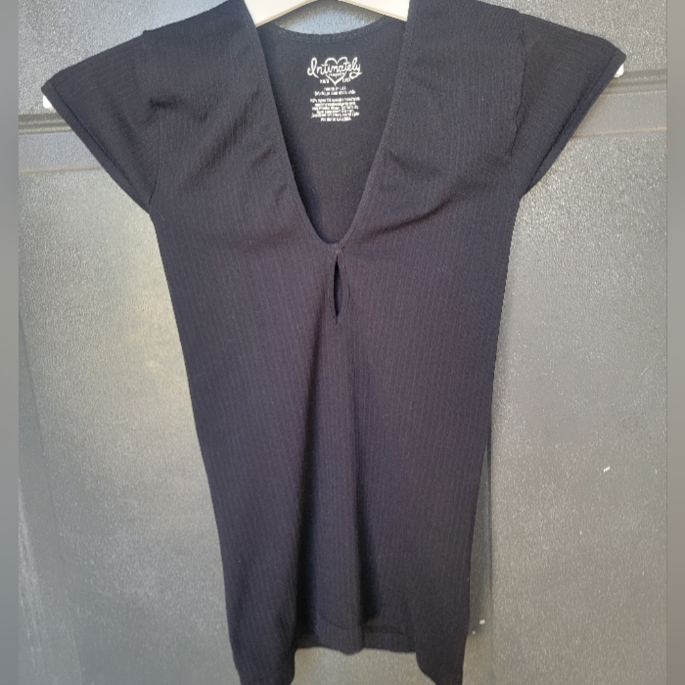 Free People Black XS/Sm Vneck Keyhole Stretch Microrib Top